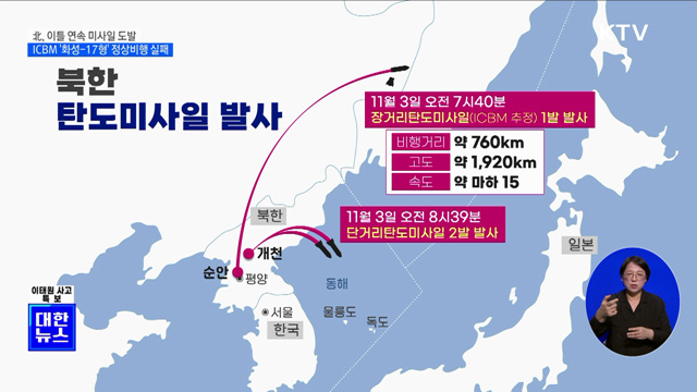 北, ICBM '화성-17형' 발사···정상비행 실패 추정