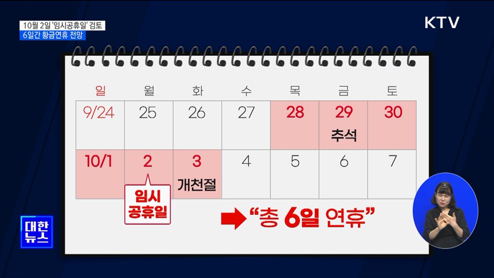 10월 2일 임시공휴일 검토···6일간 황금연휴 전망