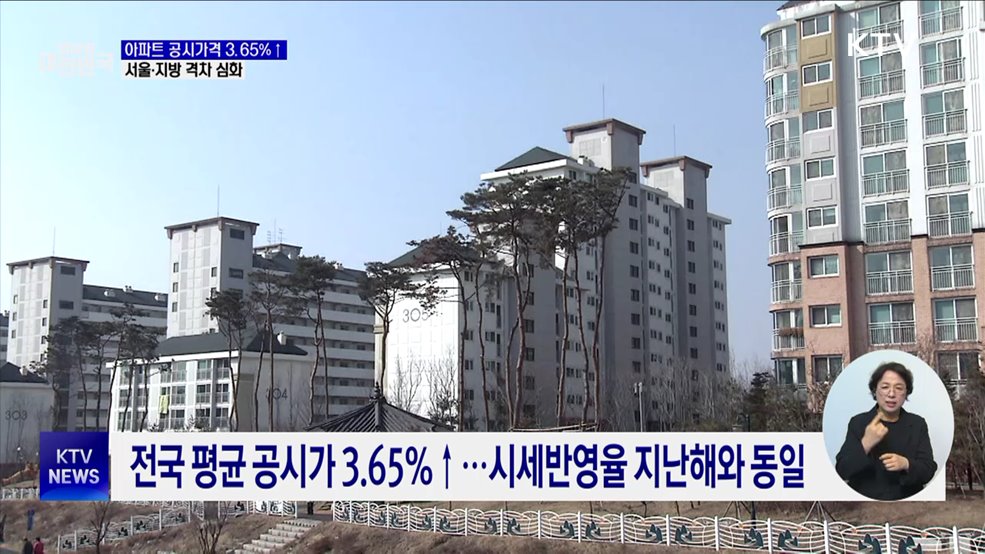 아파트 공시가격 3.65% 상승···서울-지방 격차 심화