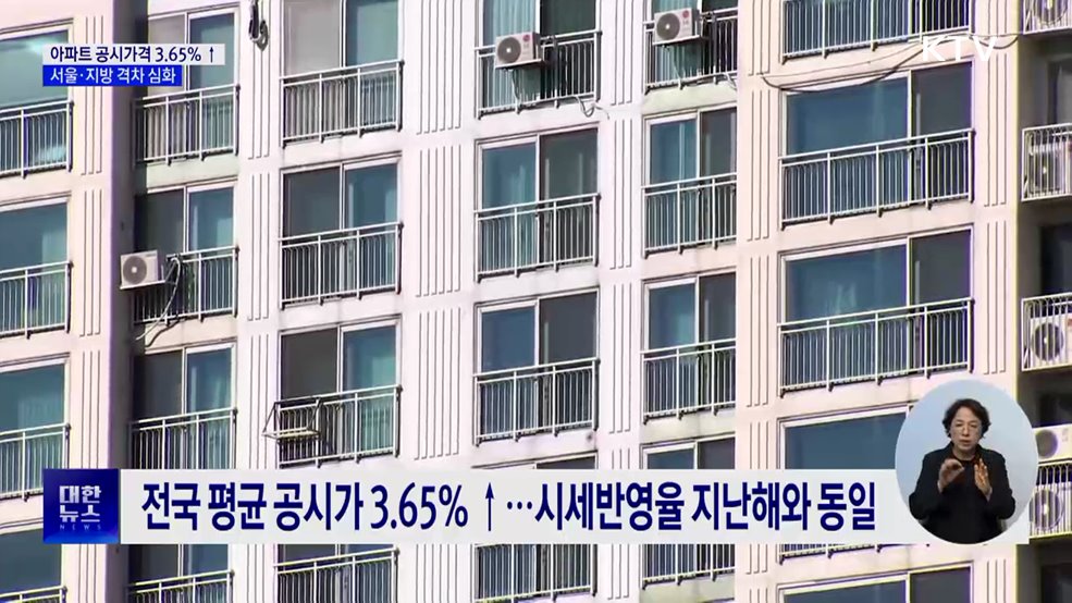 아파트 공시가격 3.65% 상승···서울-지방 격차 심화